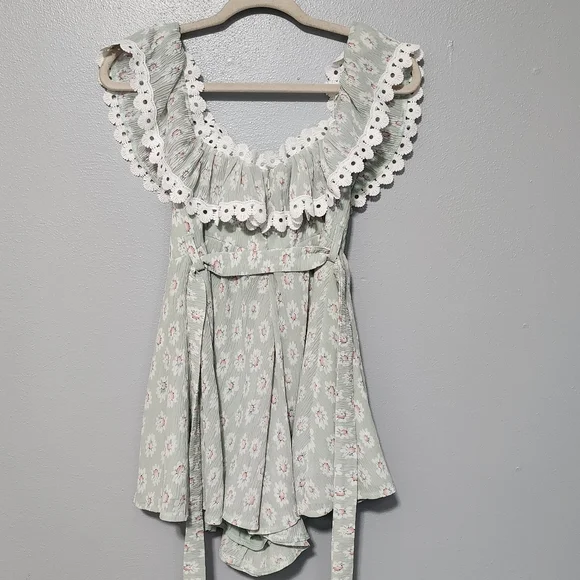 SAINTS SECRETS Womens Romper Small Sage Green Floral Lace Coquette Cottage Boho - Picture 6 of 11